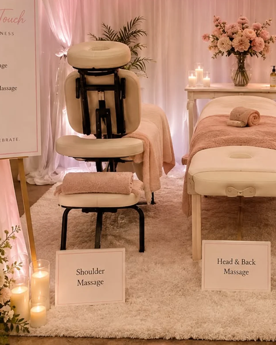 Corporate wellness setup with premium massage chair stations in a clean, modern venue