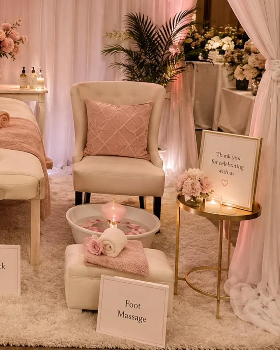 Private spa party lounge with massage setup, flowers, candles and blush towels