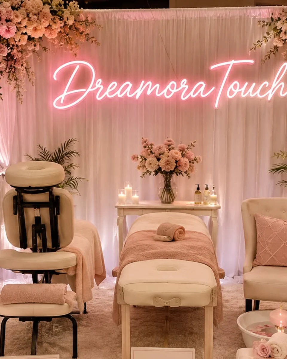 Luxury mobile wellness activation with premium massage stations and elegant event styling