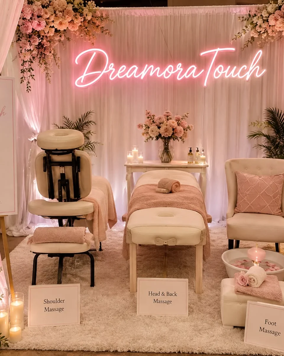 Luxury wedding wellness lounge with white draping, blush florals, massage table, massage chair and candlelight