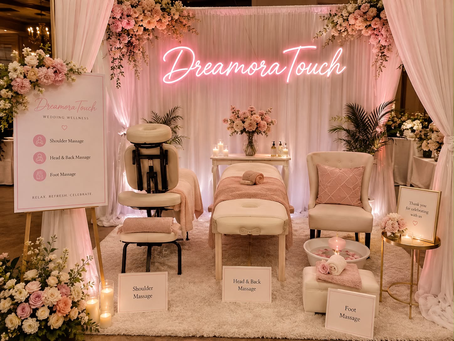 DreamoraTouch wedding wellness lounge: pink neon sign, floral drapery, shoulder massage chair, head and back massage table and foot ritual station
